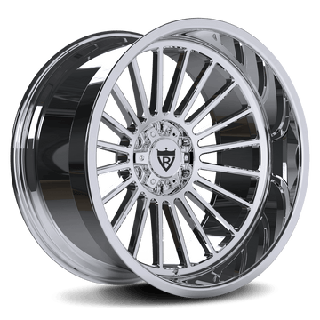 Custom 1-piece H-type forged wheels in chrome finish, showcasing deep dish design and intricate spoke pattern.